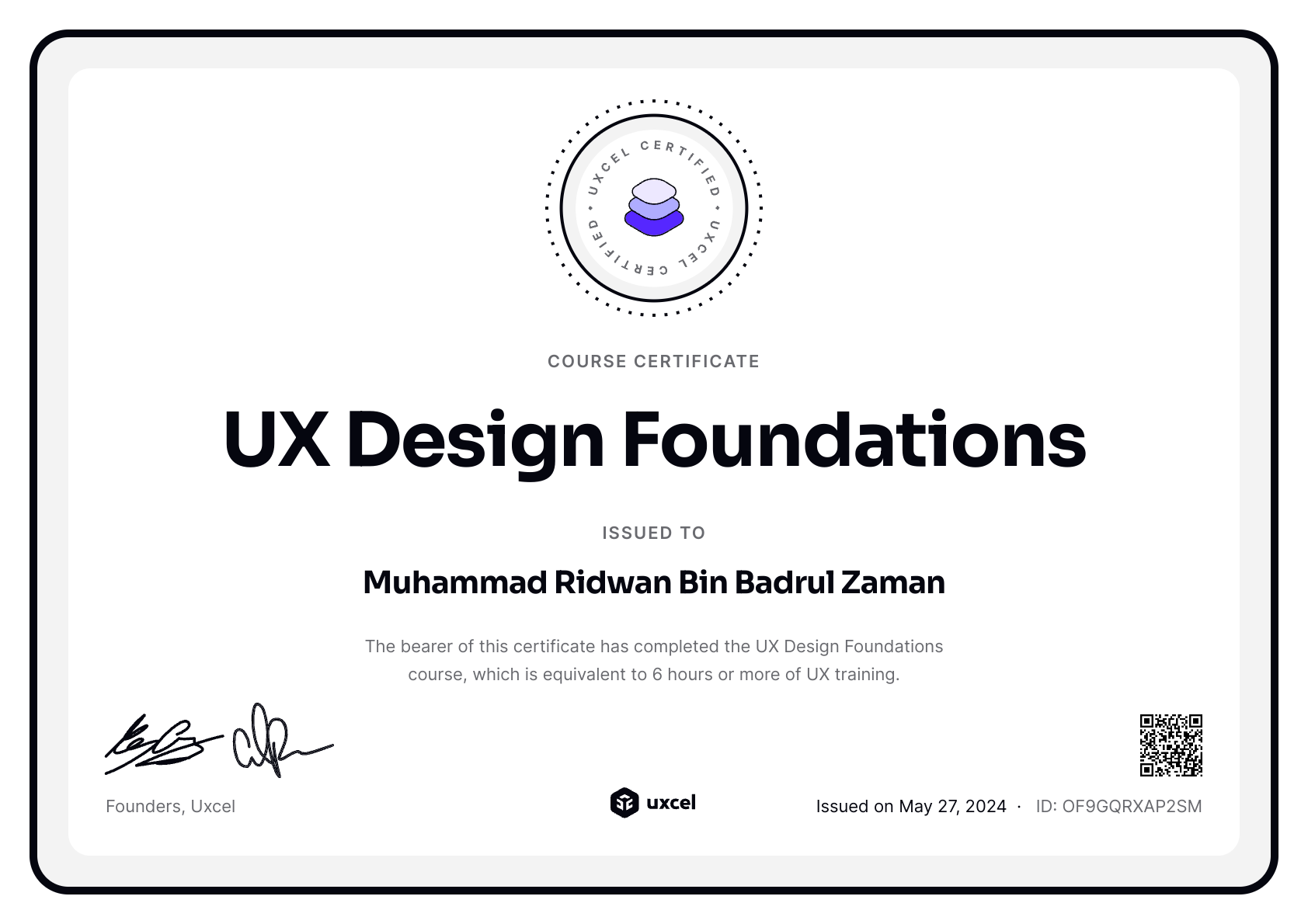 Muhammad Ridwan Bin Badrul Zaman's certificate